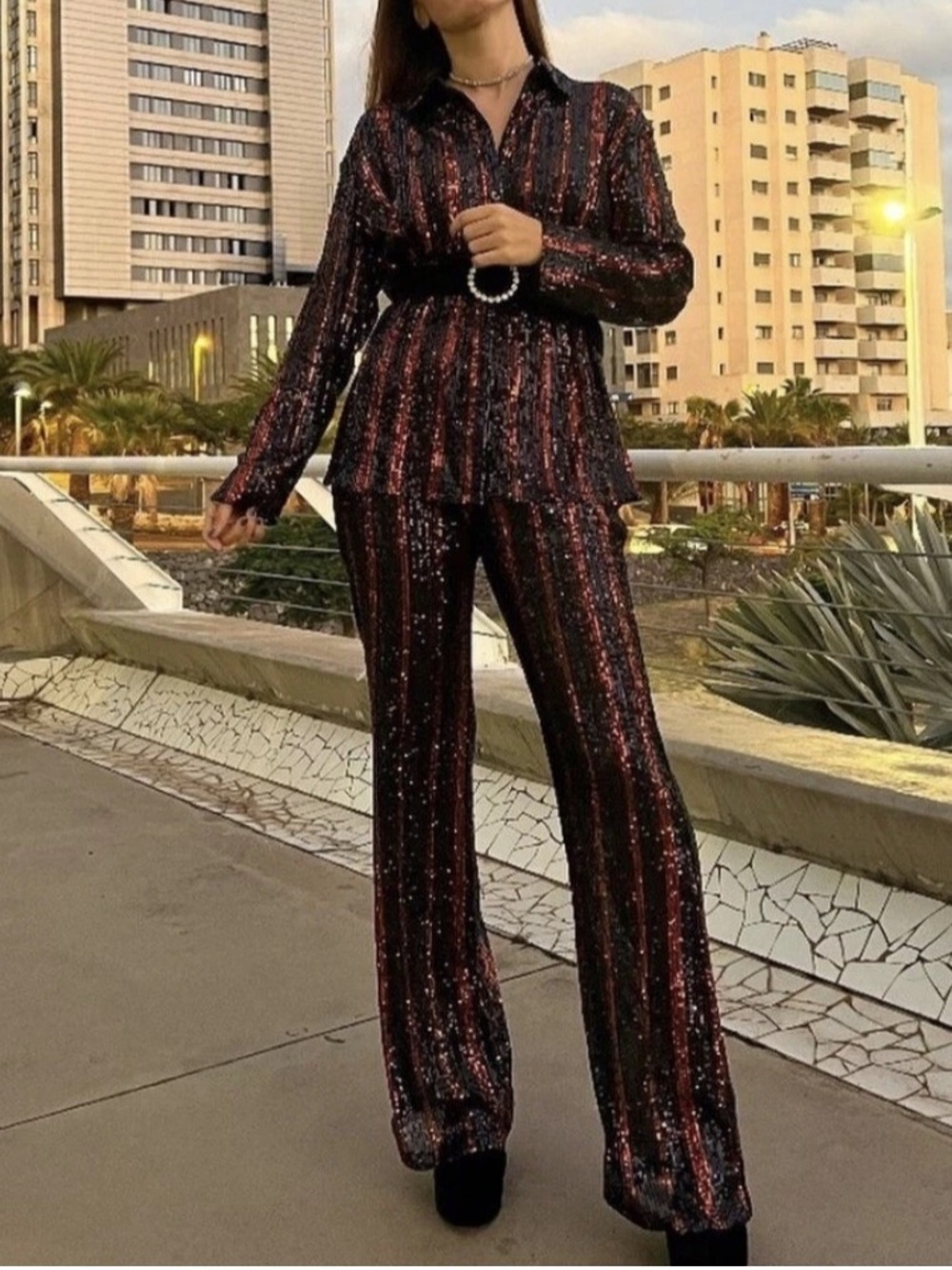 ZARA Sequin Striped Matching Set Top & Pants NWT Black Orange Glam Set Size S/M